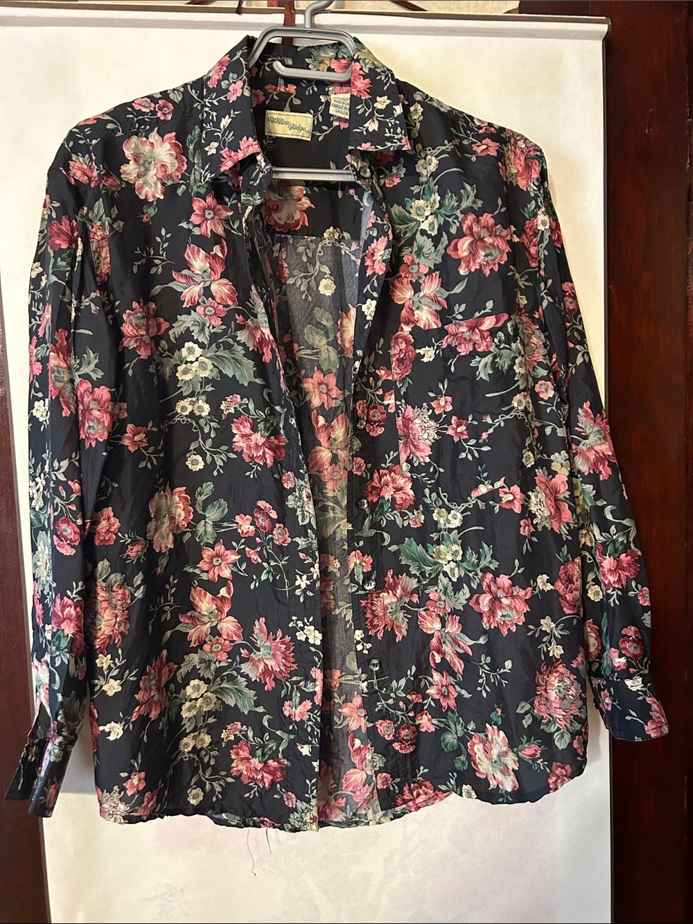 Willow Ridge Black Silk Blouse with Pink & Green Floral Print, Small